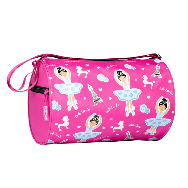 Pink cosmetic bag with ballerina design on a white background