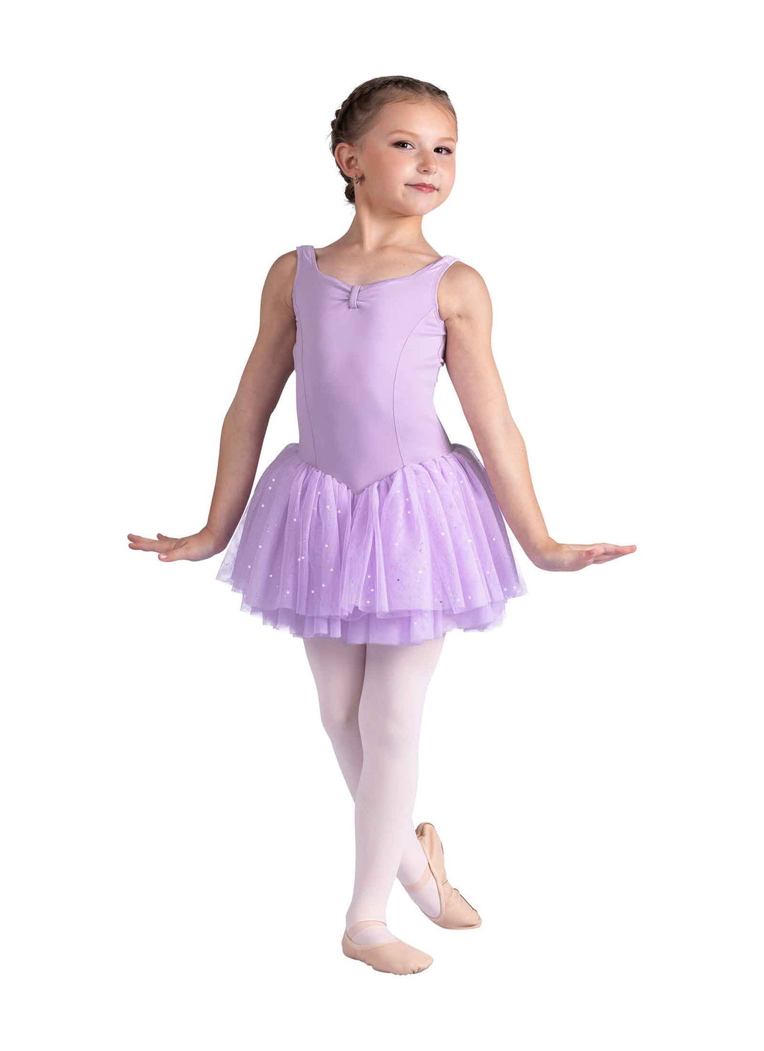 Little dancer in a lavender dress on white background 