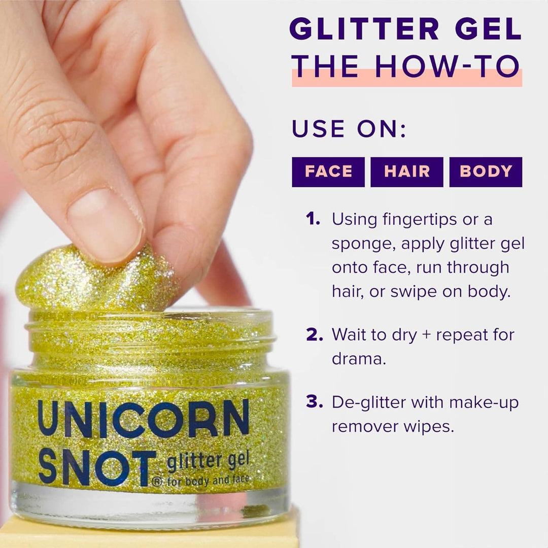 Unicorn Snot glitter gel with instructions on how to use it on face, hair, or body.