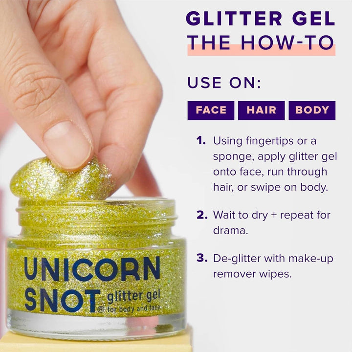 Unicorn Snot glitter gel with instructions on how to use it on face, hair, or body.