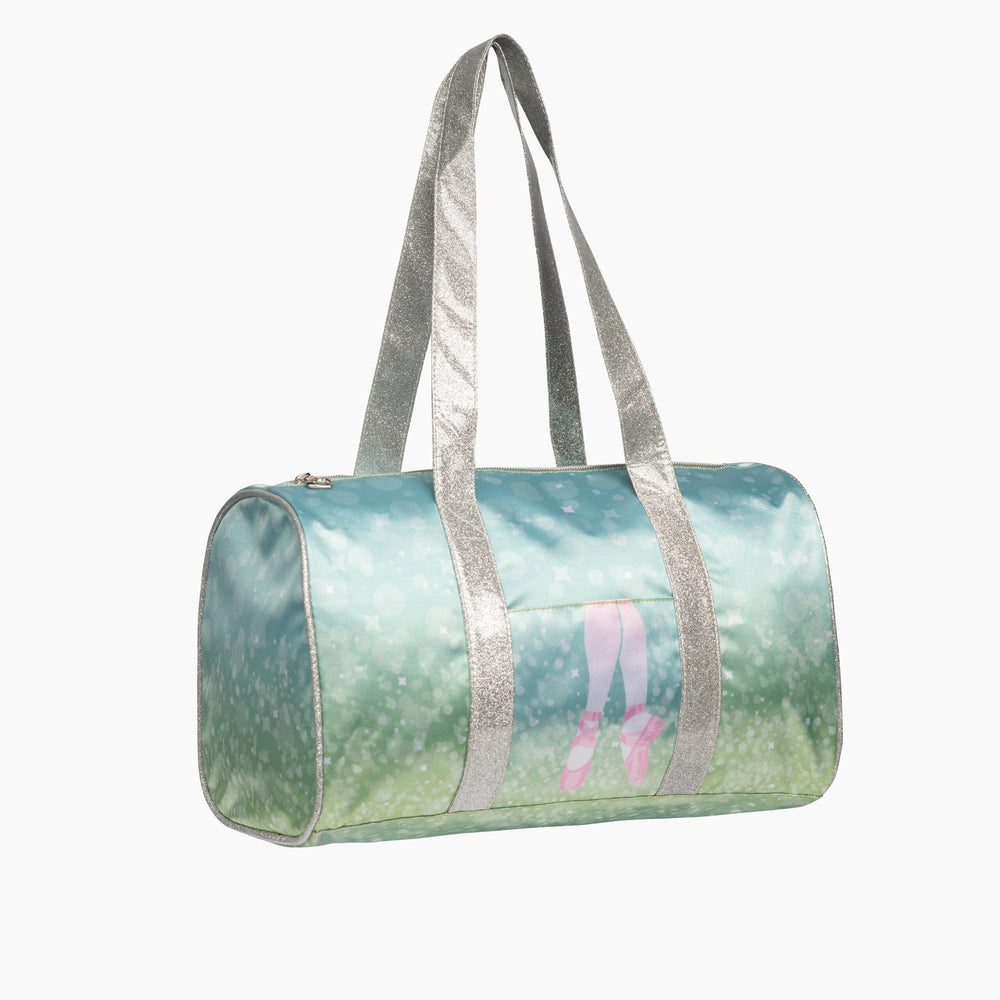 Green duffel bag with pink design on a white background