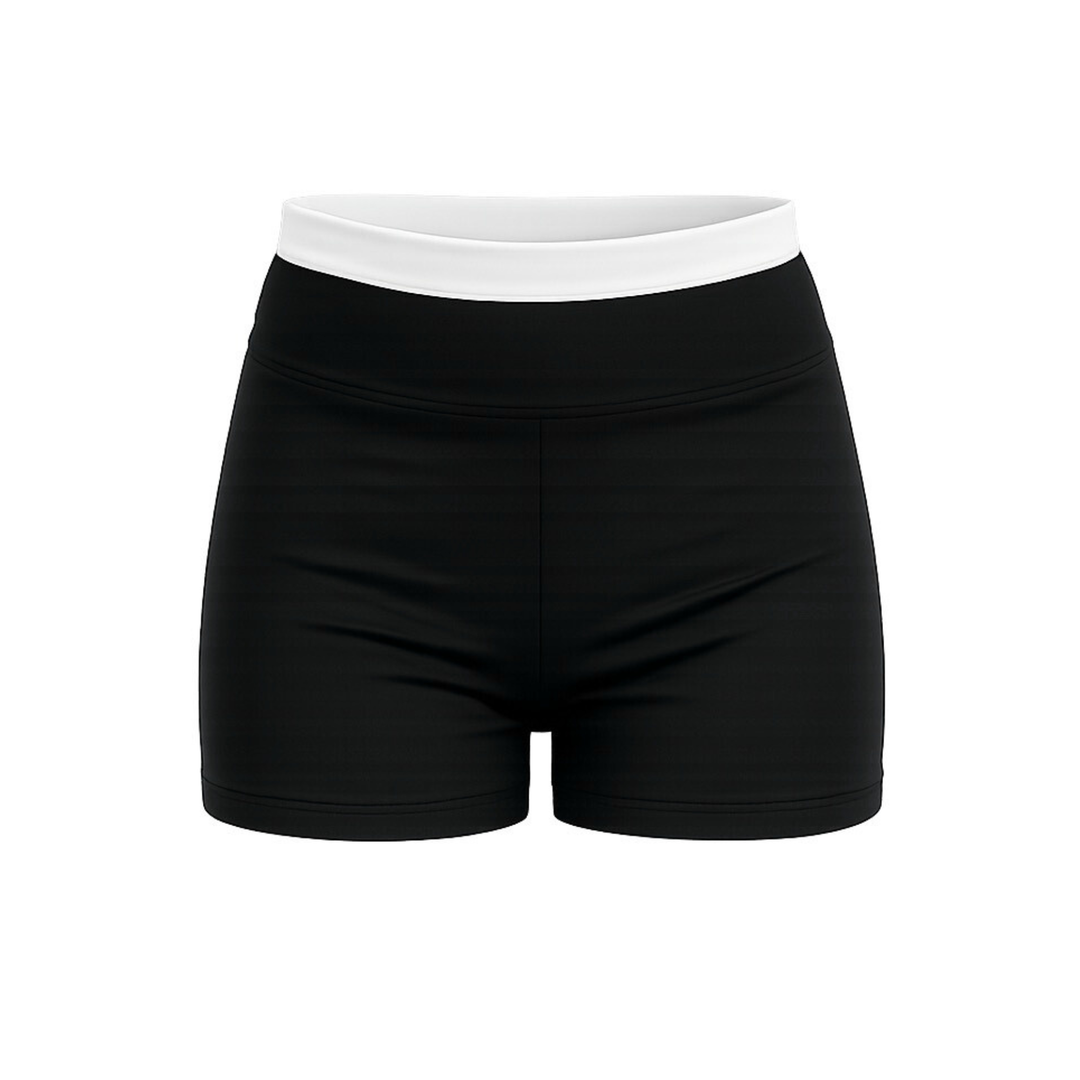 Black shorts with a white waistband on a white background