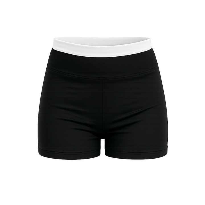 Black shorts with a white waistband on a white background