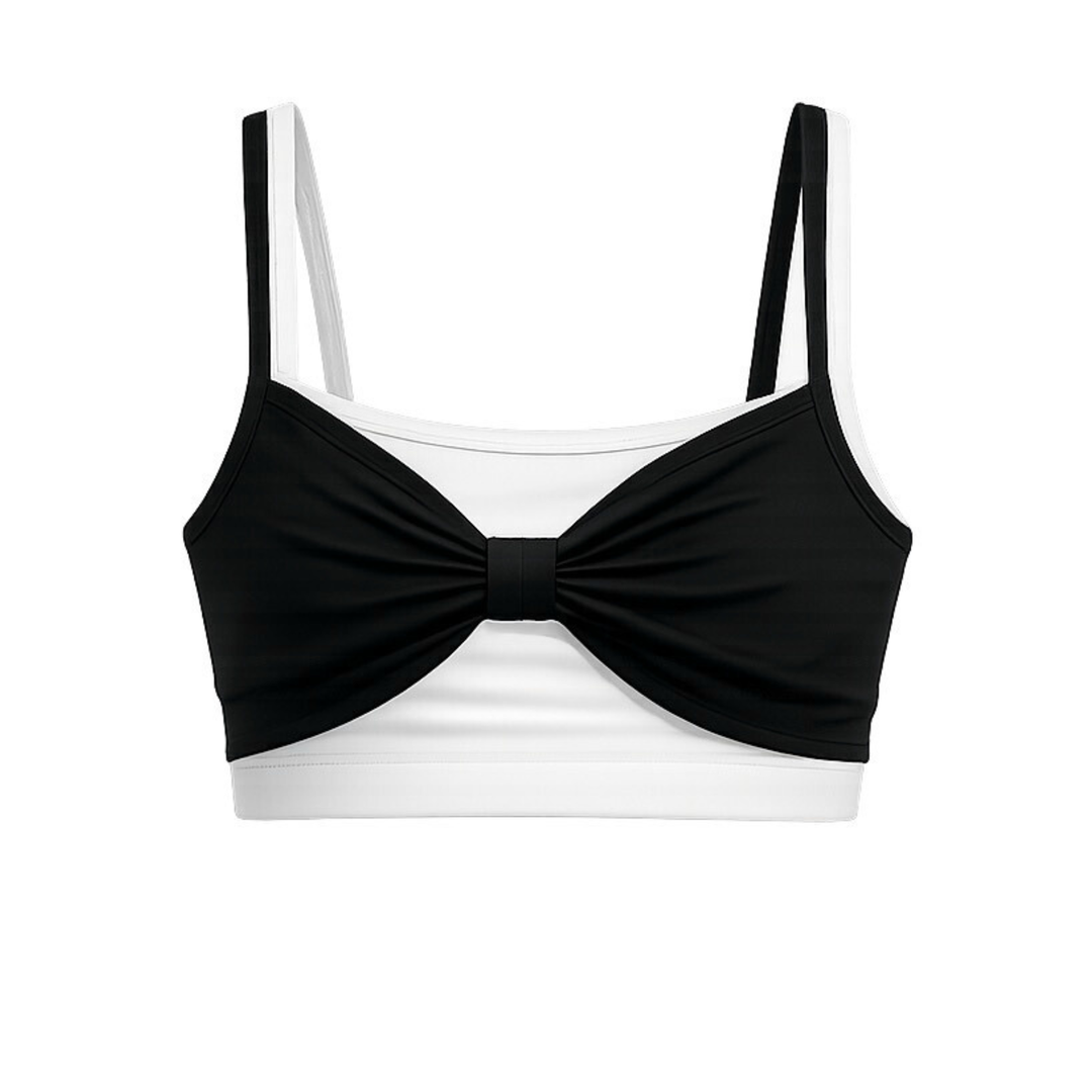 Black and white bikini top with a bow detail on a white background