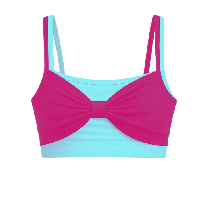 Two-tone pink and blue bikini top on a white background