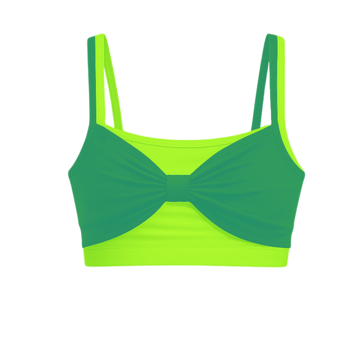 Green and lime green bikini top on a white background