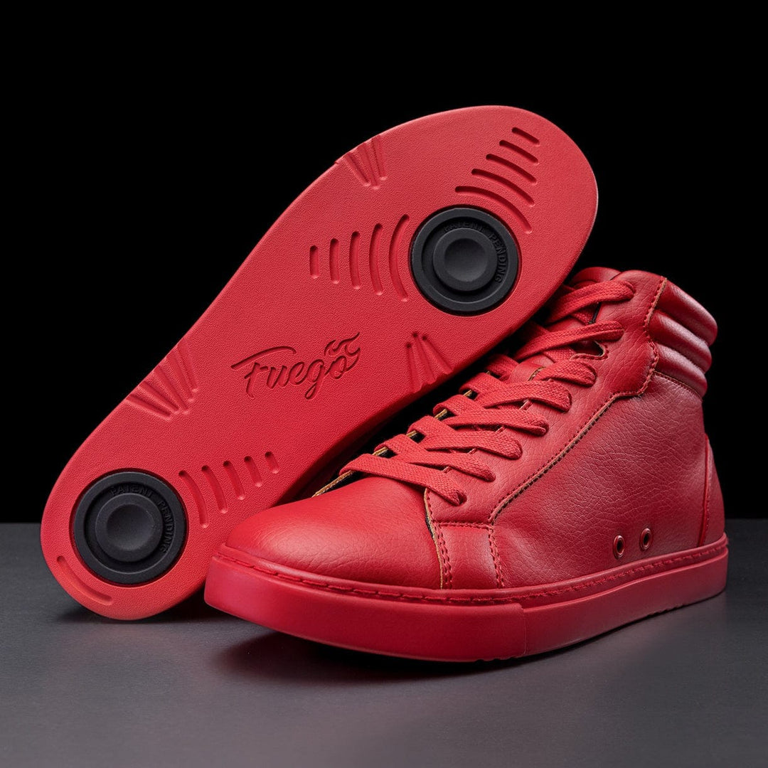 A pair of red high-top sneakers with the brand name Fuego visible on the sole. The sneakers feature a lace-up closure and are displayed against a black background.