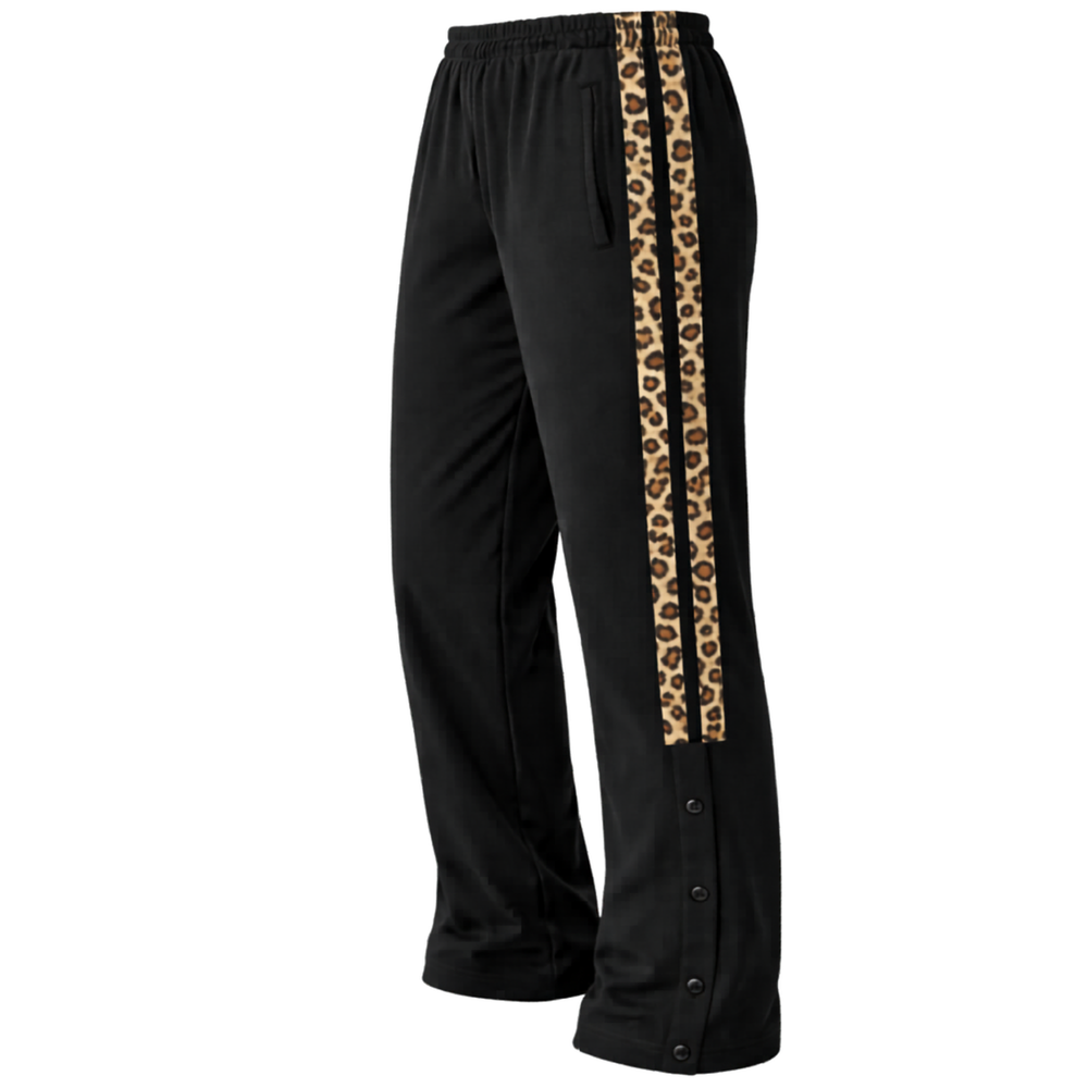 Black pants with leopard print side stripe on a white background