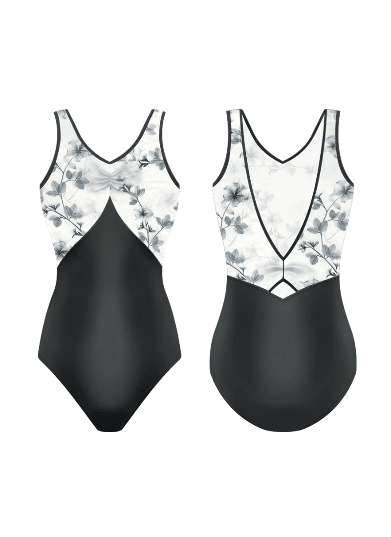 Black swimsuit with floral pattern on a white background