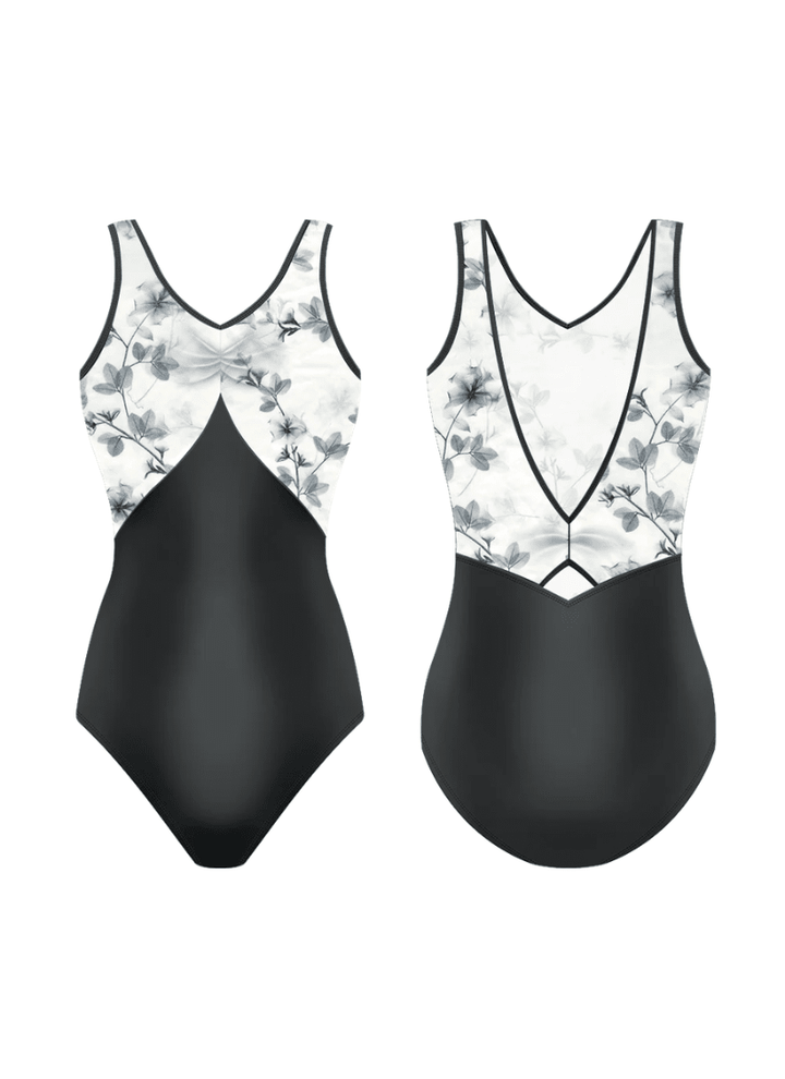 Black swimsuit with floral pattern on a white background