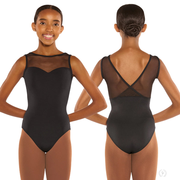 Black leotard worn by a model, shown from front and back, on a white background.