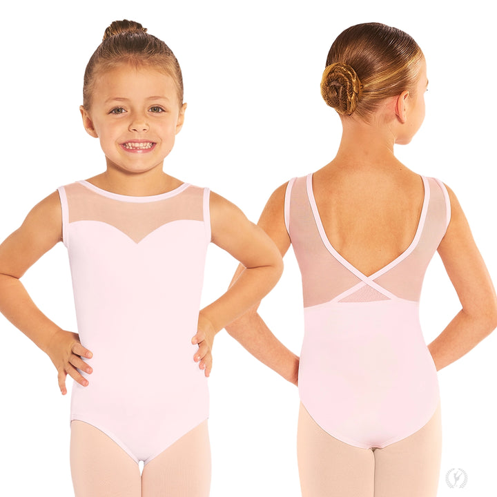 Child wearing a pink ballet leotard from front and back views on a white background