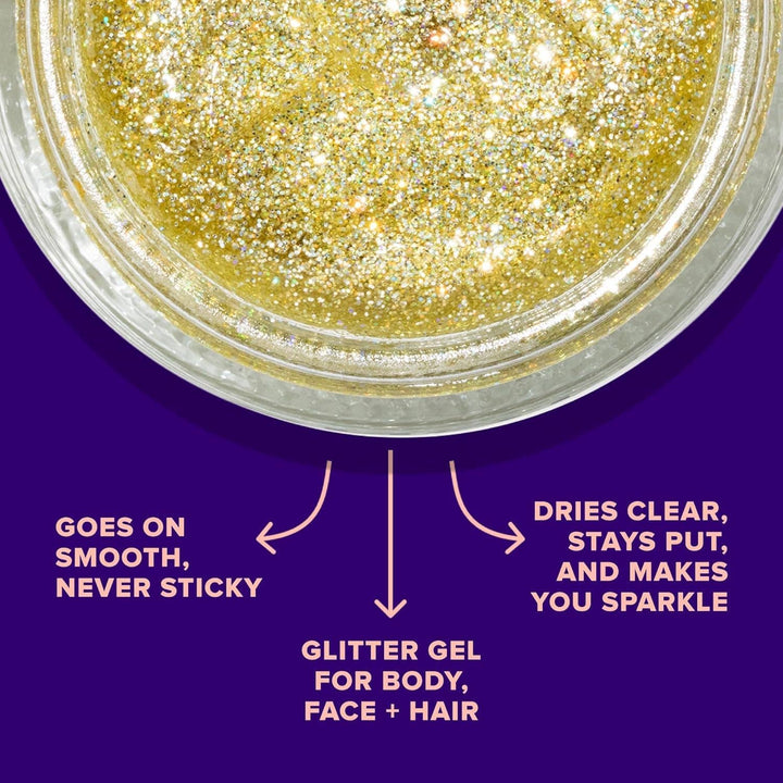 Gold glitter gel in a jar with text on a purple background