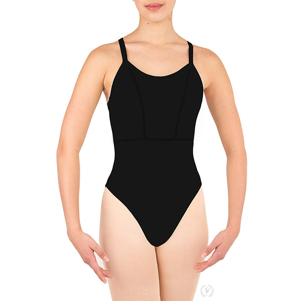 Black leotard worn by a model on a white background