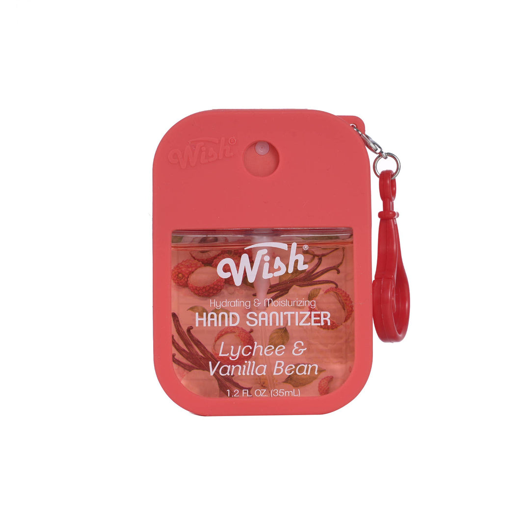 Wish brand hand sanitizer in a red protective case with a wrist strap, labeled Lychee & Vanilla Bean, on a plain white background.