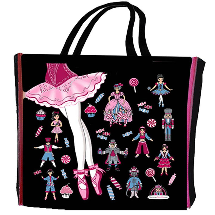 Tote bag with colorful illustrations of a ballerina and various characters on a black background.