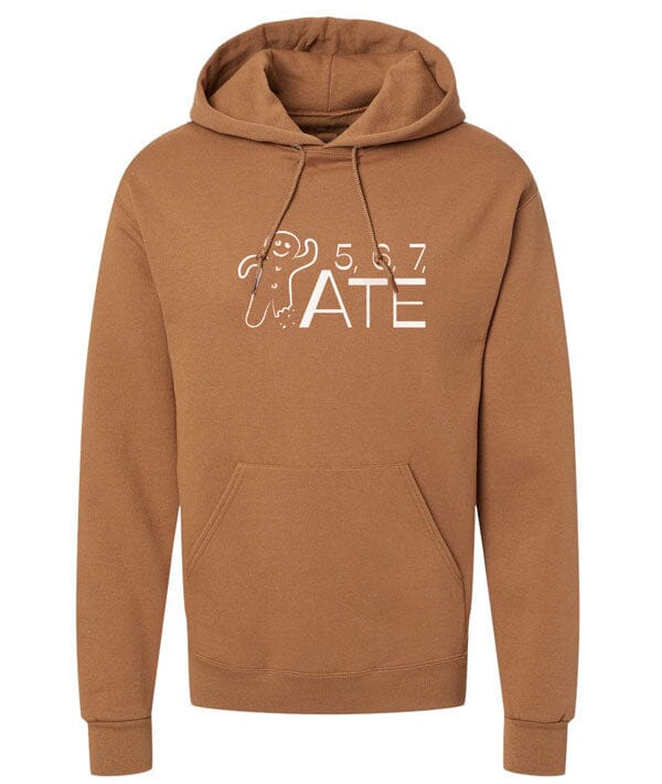 Brown hoodie with white text and graphics on a white background
