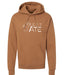 Brown hoodie with white text and graphics on a white background