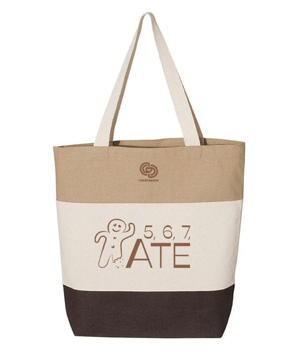 Tote bag with beige top half, white middle section, and brown bottom half on a white background