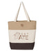 Tote bag with beige top half, white middle section, and brown bottom half on a white background