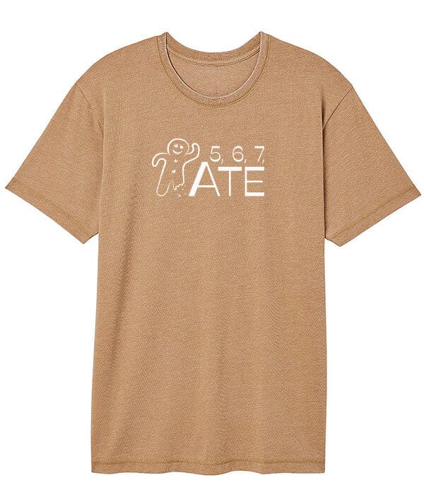Brown t-shirt with a graphic design on a white background