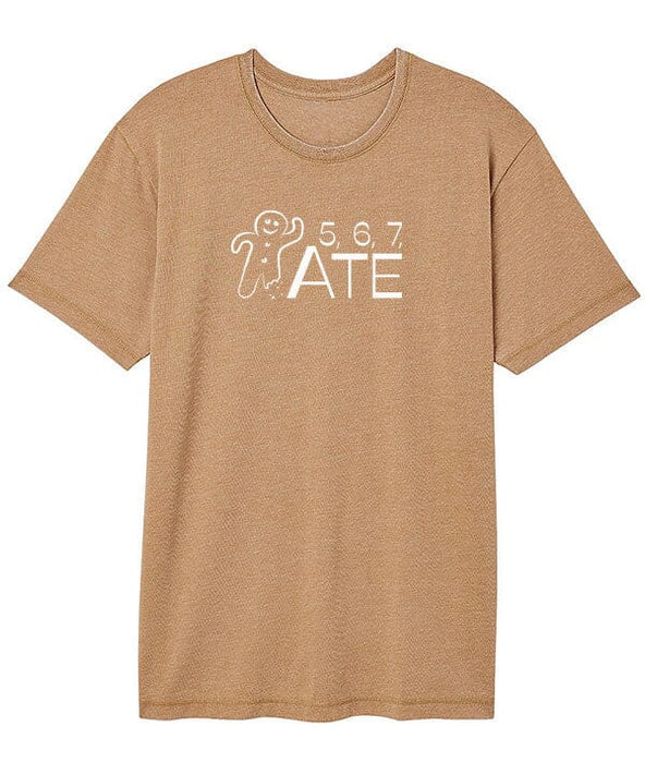 Brown t-shirt with a graphic design on a white background