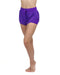 Purple shorts worn by a person on a white background