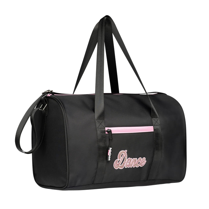 Black duffel bag with 'Dance' embroidery on a white background