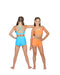 Two girls wearing colorful sports bras and shorts on a white background