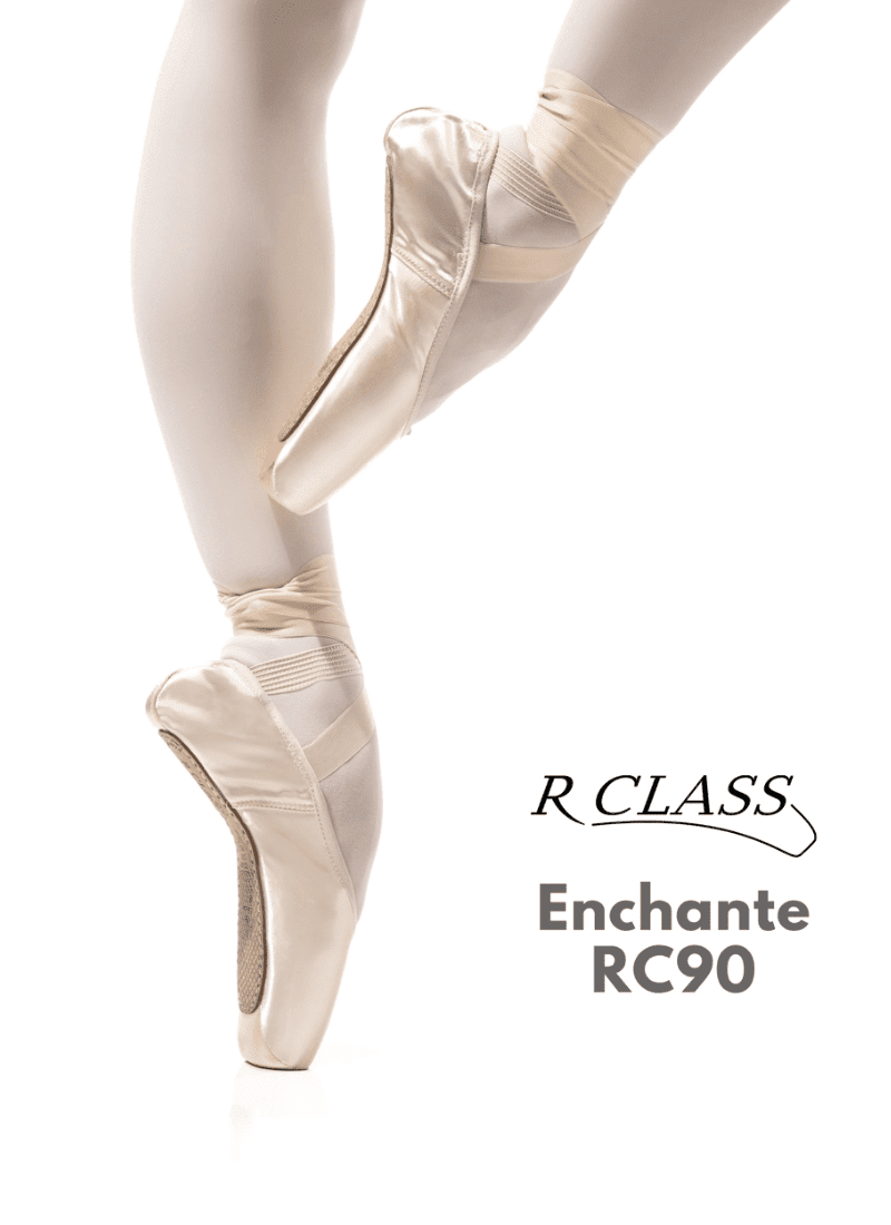 Ballet shoes with 'R Class Enchante RC90' text on a white background