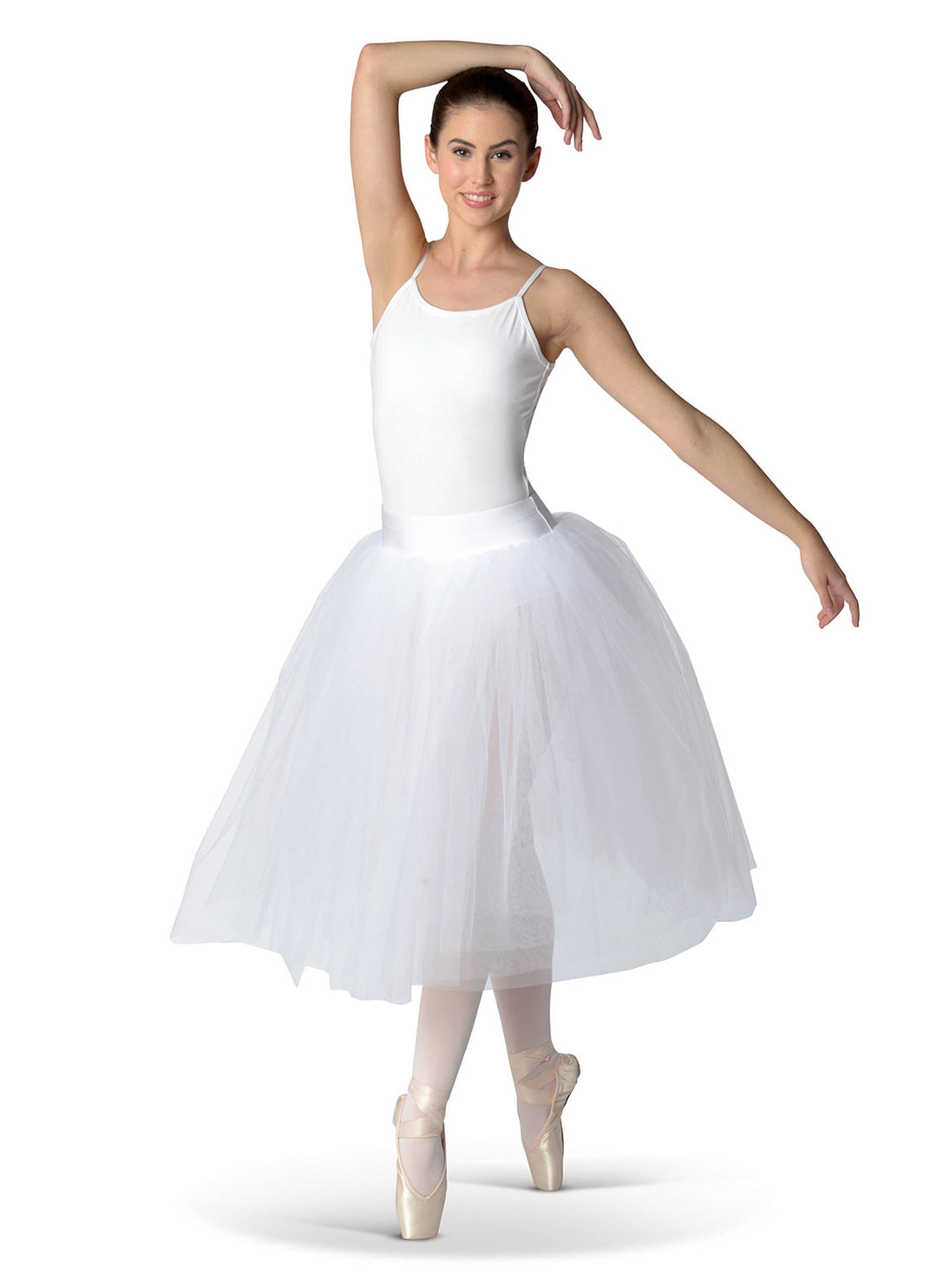 Ballerina in a white tutu posing on a white background