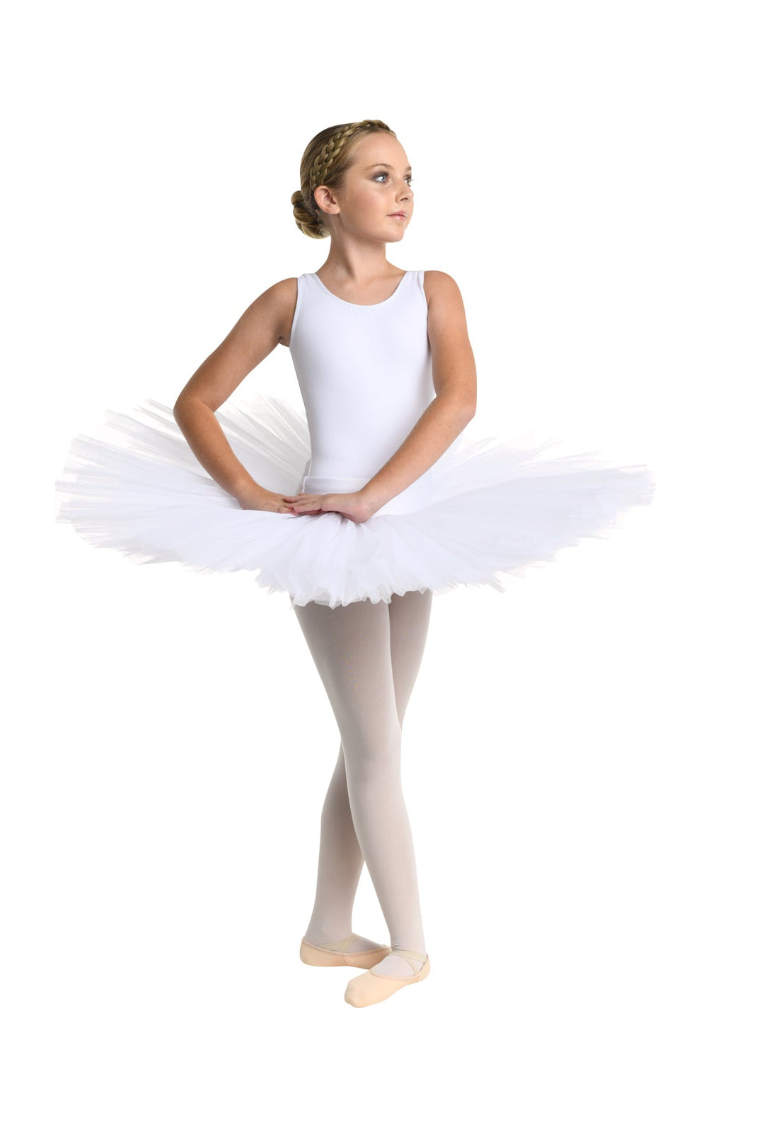 Ballerina in a white tutu on a white background