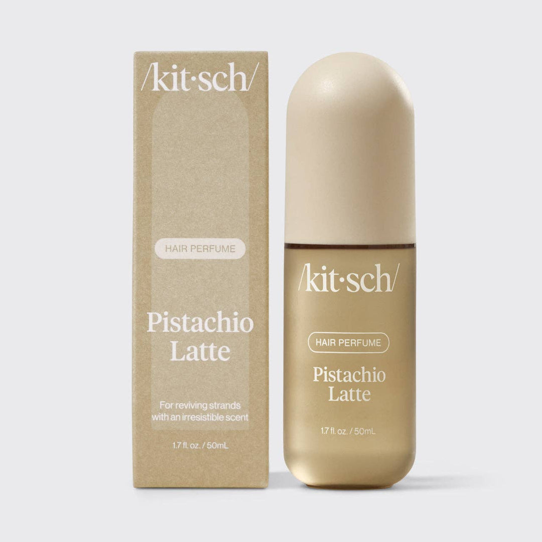 Kit-sch Pistachio Latte hair perfume bottle and packaging on a white background
