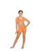 Girl wearing an orange two-piece swimsuit on a white background