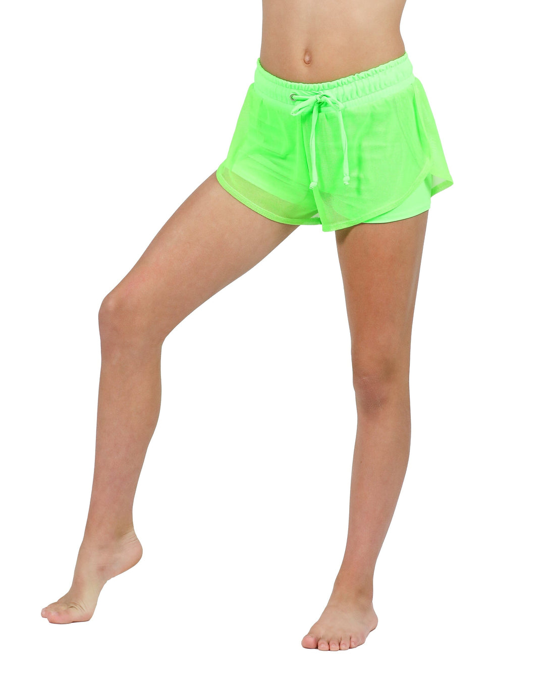 Neon green shorts worn by a person on a white background