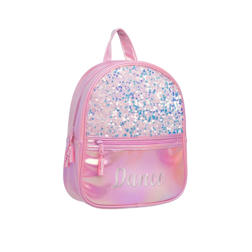 Pink glittery backpack with 'Dance' text on a white background