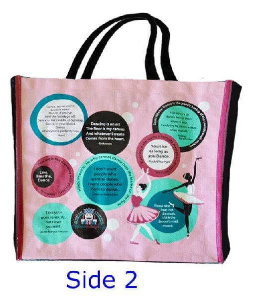 Tote bag with dancer design and text on a pink background