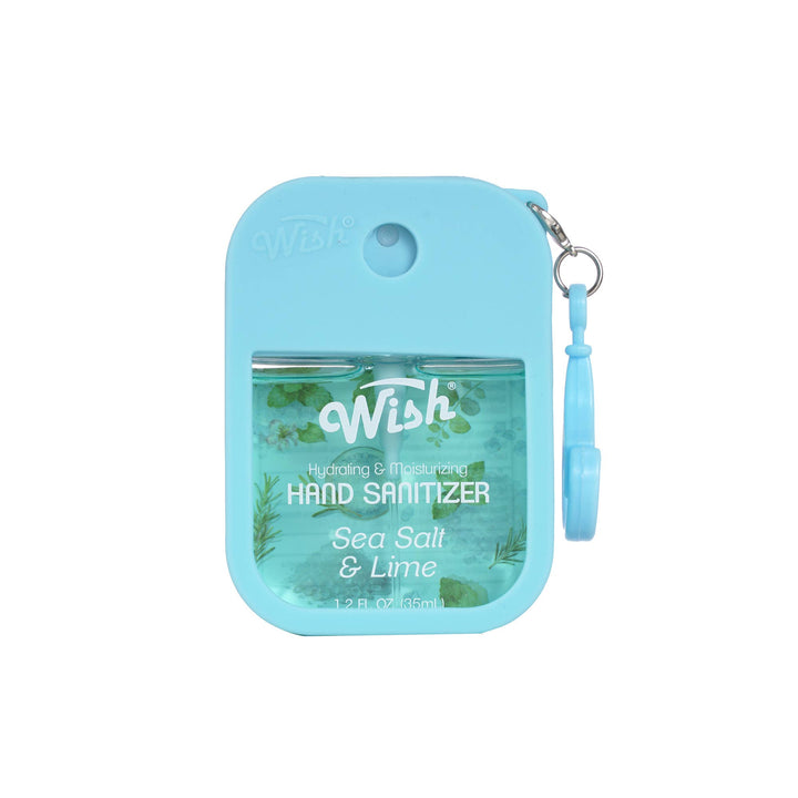 A light blue Wish brand hand sanitizer dispenser with a wrist strap, featuring a clear window that shows the Sea Salt & Lime hand sanitizer liquid inside.