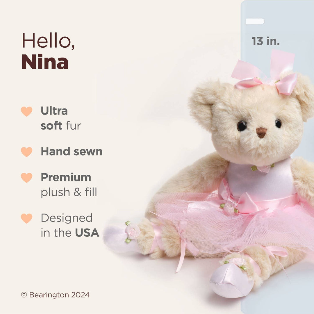 Teddy bear in a pink dress with product details on a white background
