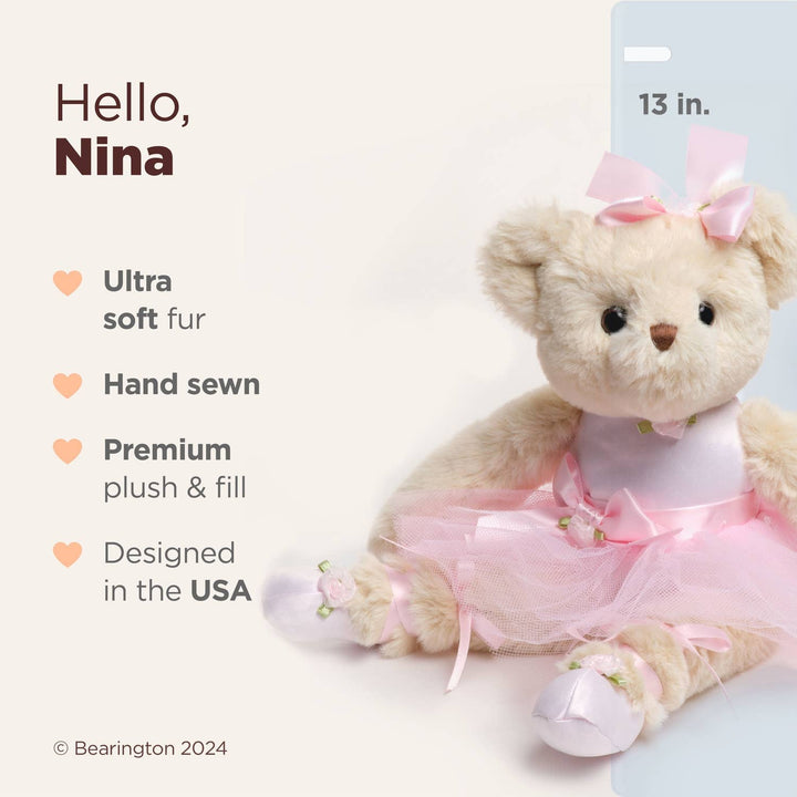 Teddy bear in a pink dress with product details on a white background