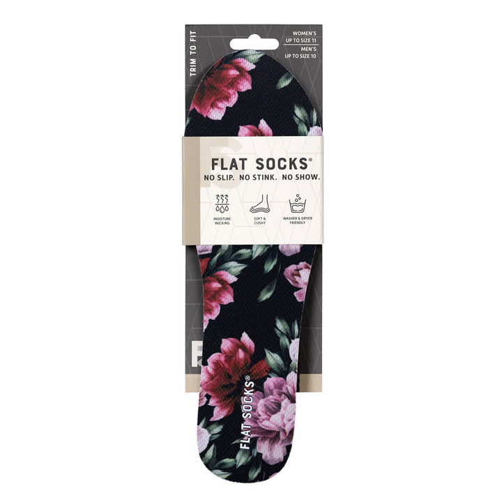 Floral patterned flat socks in packaging on a white background