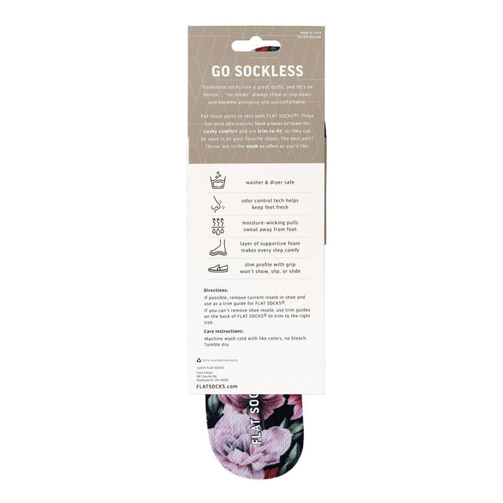 Product packaging with text and a small image of socks on a white background