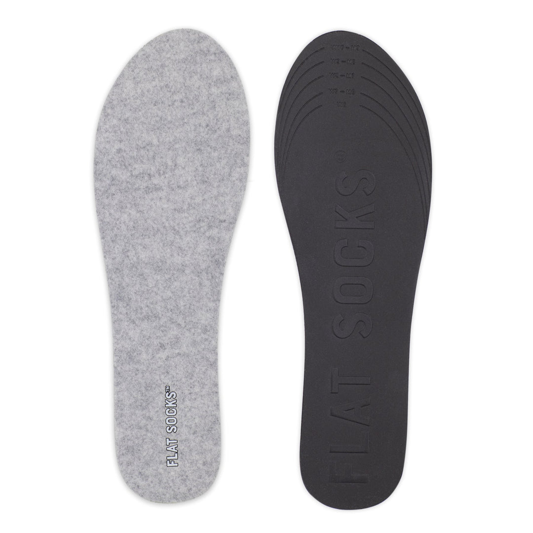 Gray and black insole with 'Flat Socks' branding on a white background