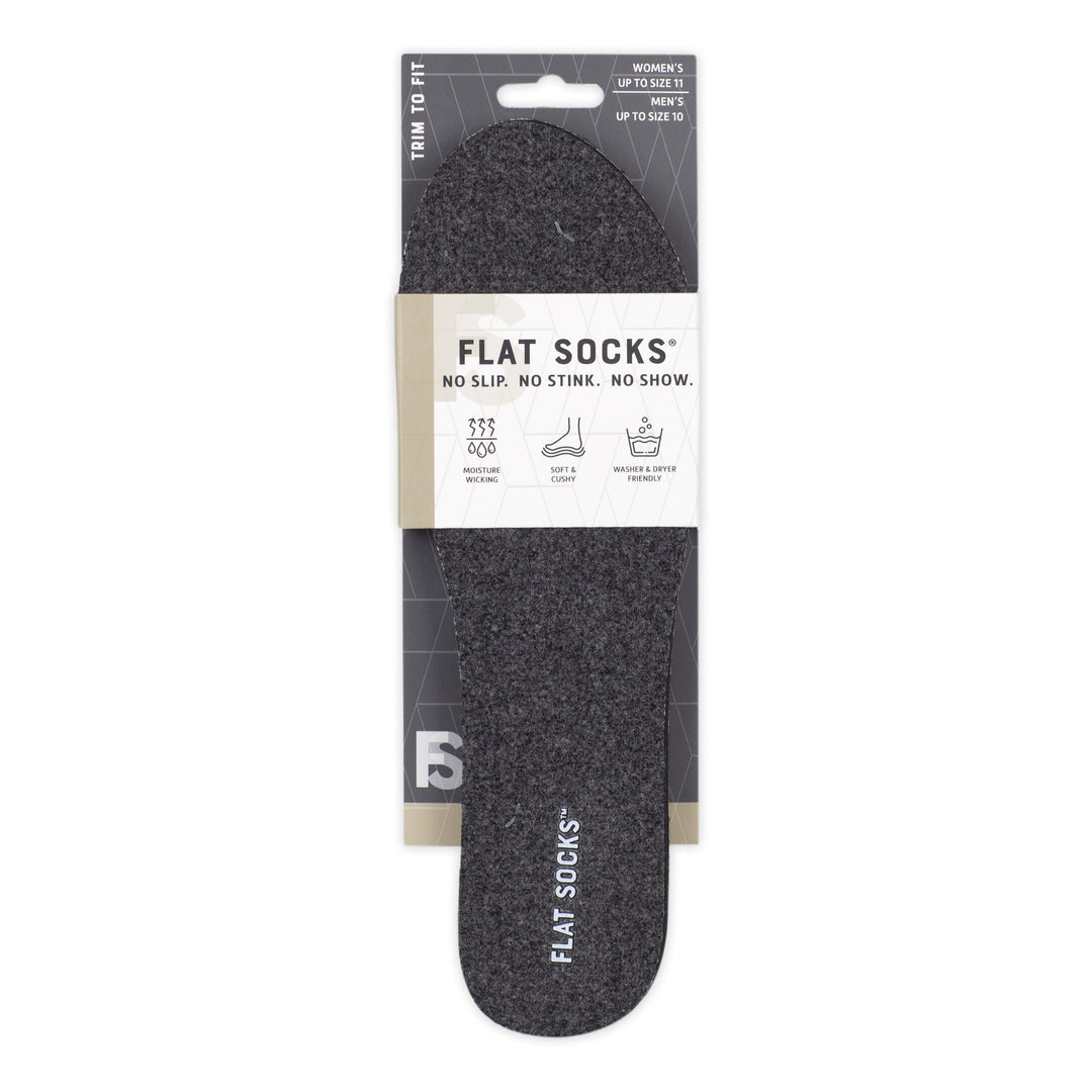 Packaged flat socks with branding on a white background
