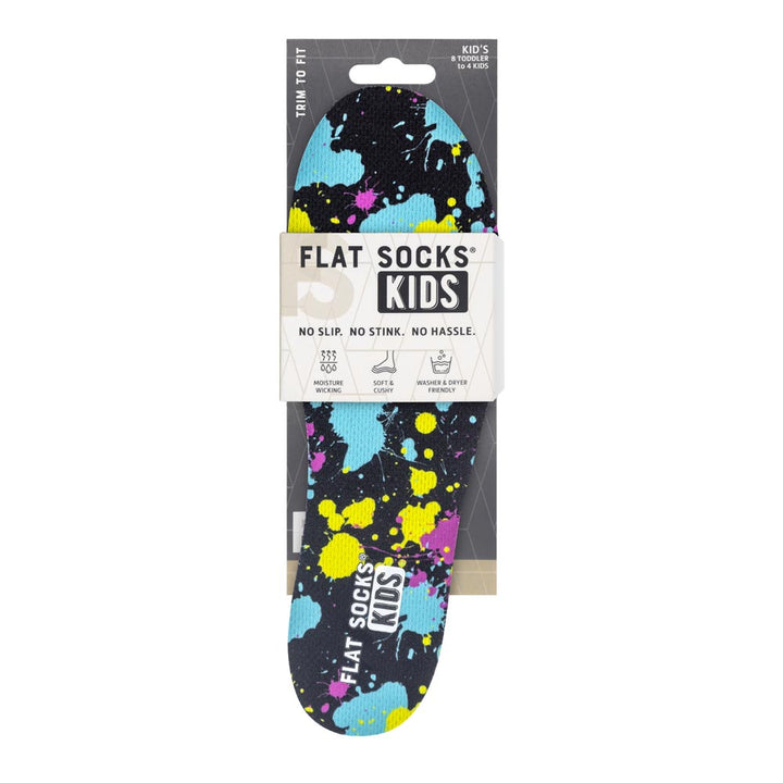 Packaged flat socks for kids with colorful design and 'Flat Socks Kids' branding.