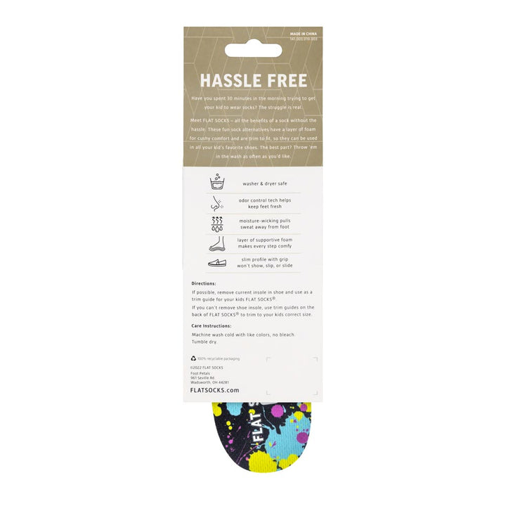 Back of a sock packaging with text and a colorful sock at the bottom.