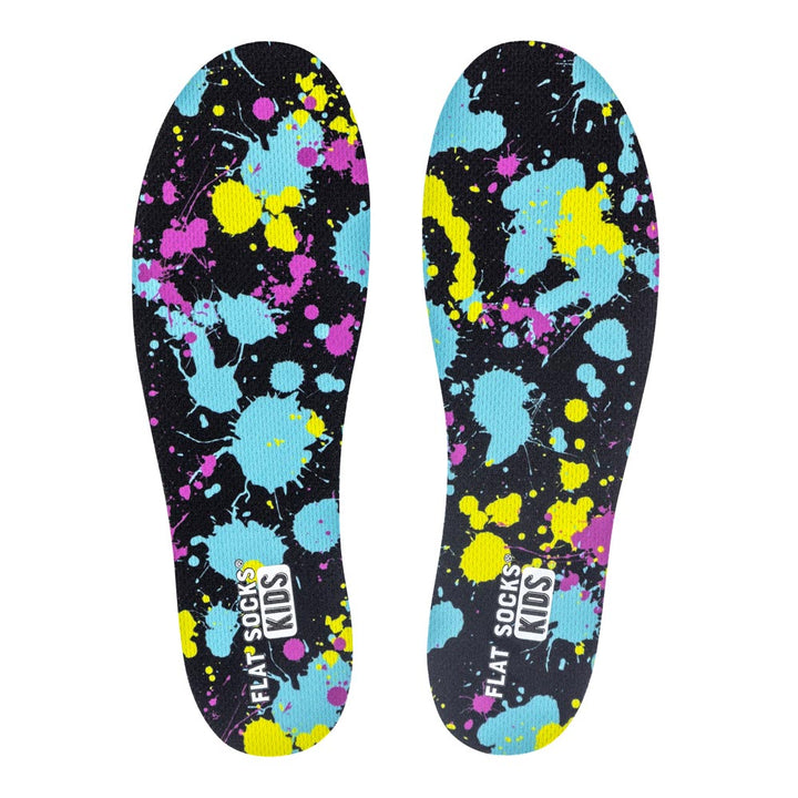 Colorful splatter patterned insoles with 'Flat Socks Kids' branding on a white background
