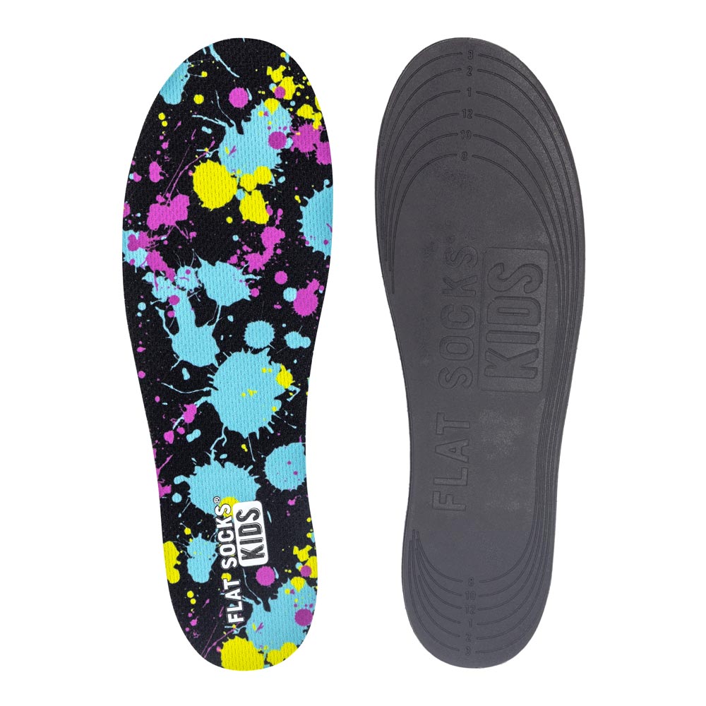 Colorful splatter design insole with 'Flat Socks Kids' branding on a white background