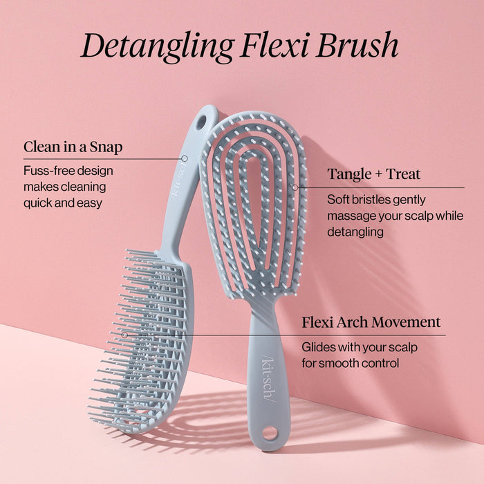 Detangling flexi brush with features highlighted on a pink background