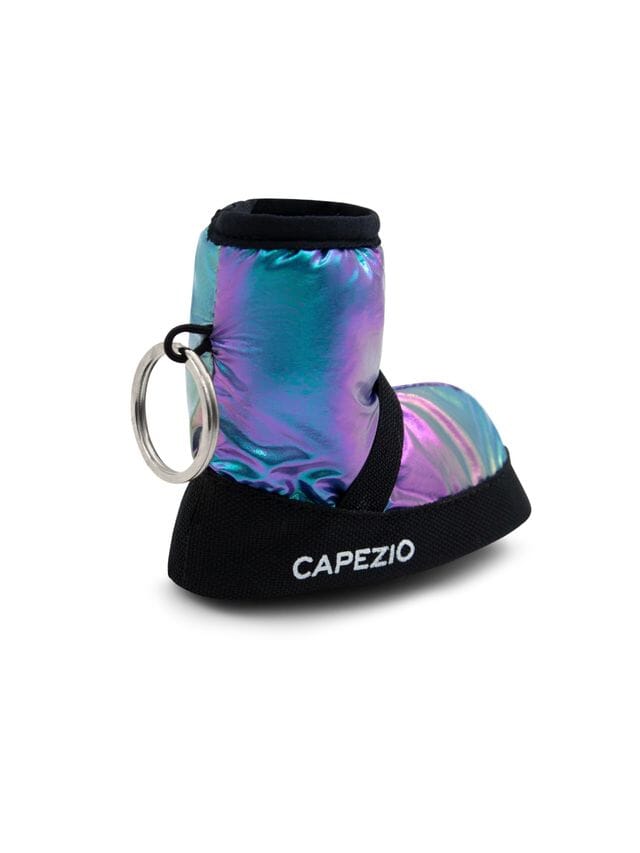 Iridescent shoe cover with black trim and 'Capezio' branding on a white background
